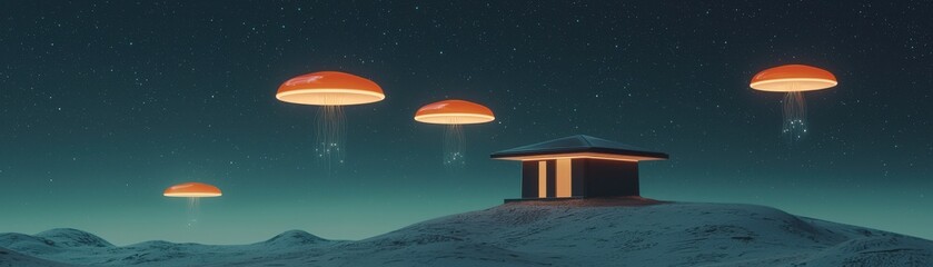 A surreal scene featuring glowing jellyfish hovering over a peaceful structure.
