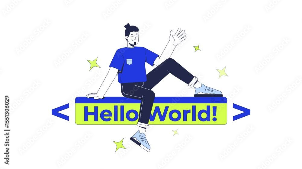 Poster developer over hello world text banner 2d animation. it school courses. joyful coder introduces begi