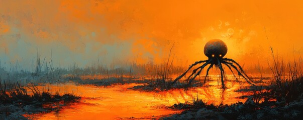 A surreal scene of an octopus under a vibrant sunset, blending nature and fantasy.