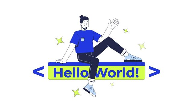 Developer over hello world text banner 2D animation. IT school courses. Joyful coder introduces beginner to programming animated character cartoon flat concept metaphor 4K video isolated on white