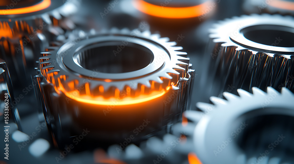 Poster a close up of a set of gears with orange highlights. the gears are all different sizes and are arran