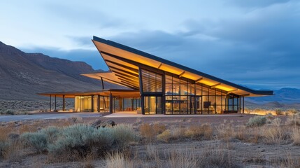 Obraz premium Modern architecture in serene desert landscape.