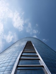 Career Ladder Positioned Against a Sleek Modern Skyscraper Reaching Into the Clear Blue Sky