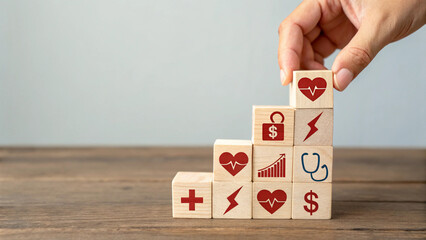 Hand arranging wooden blocks with health, finance, and energy icons on a table