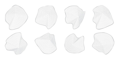 Set of eight graphic outline wavy concentric tree rings on wooden cuts on white. Slices wood trunk. Ripple organic circles. Hardwood stump. Vector illustration