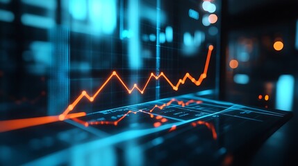 Glowing financial growth chart rising sharply on office desk futuristic business success analytics concept digital line graph render