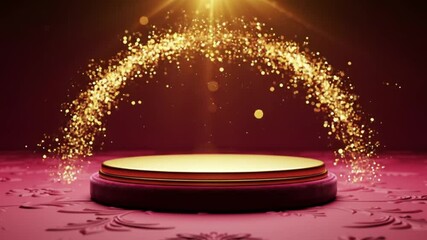 Indian wedding invitation with golden sparkle arch frames and circular pedestal on pink background. Ideal for elegant wedding designs.