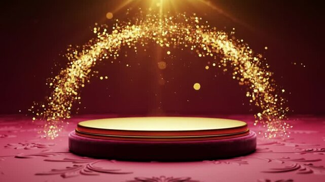 Indian wedding invitation with golden sparkle arch frames and circular pedestal on pink background. Ideal for elegant wedding designs.
