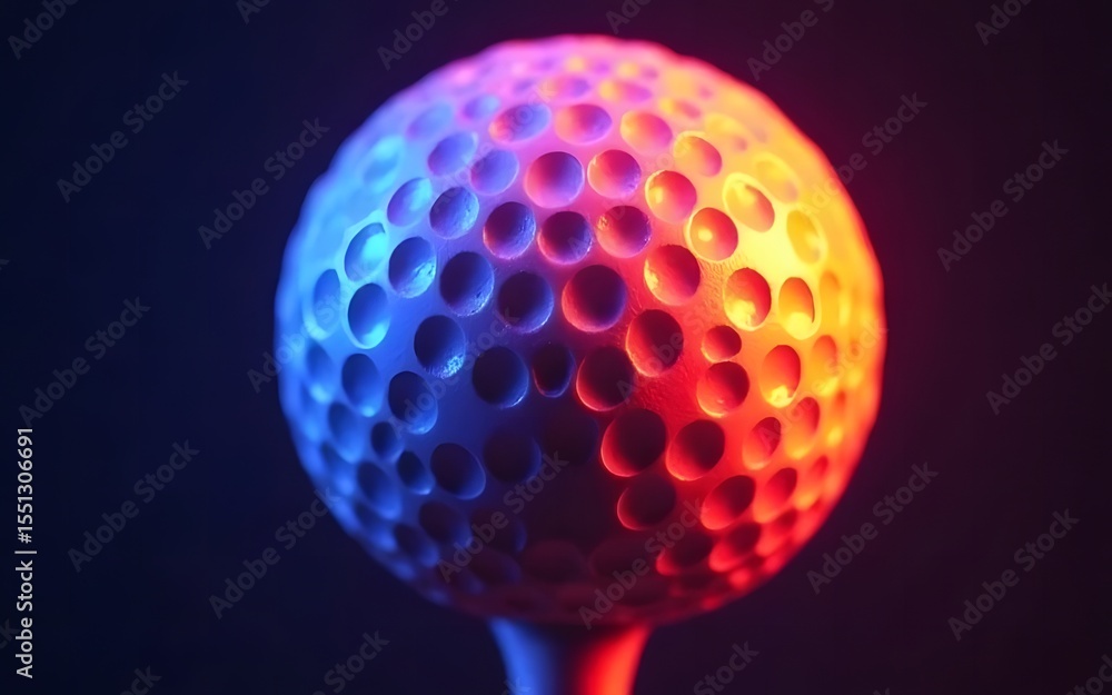 Poster illuminated golf ball on a tee glows with vibrant blue and red hues, creating a dynamic and captivat