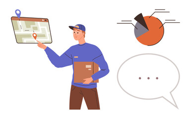 Courier holding package, pointing to a map with location markers, pie chart, speech bubble. Ideal for logistics, delivery, navigation, e-commerce communication data business planning. Simple flat