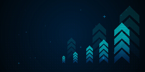 A glowing blue bar chart with The layout places arrows on the right side, allowing negative space on the left for overlaying text or design elements. vector illustration