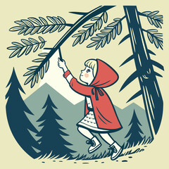Stylized rendition featuring a girl with red cloak in a woody area scenery