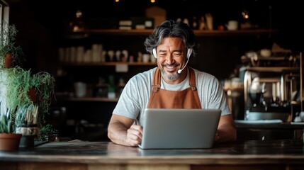 Fototapeta premium A cheerful man with gray hair, wearing an apron, smiles while working on his laptop in a cozy café, illustrating the joy of entrepreneurship and the vibrant life of remote workers.