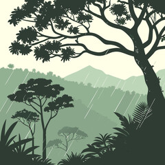 Rainy season landscape illustration with mountain silhouettes and dense foliage