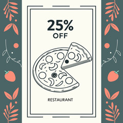 Promotional illustration of a pizza discount offer with botanical accents
