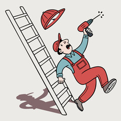 Precarious Perch: A Cartoon Construction Worker's Ladder Mishap Unfolds Dramatically