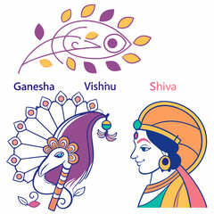 Stylized depictions of hindu deities, ganesha, vishnu, and shiva in minimalist illustration