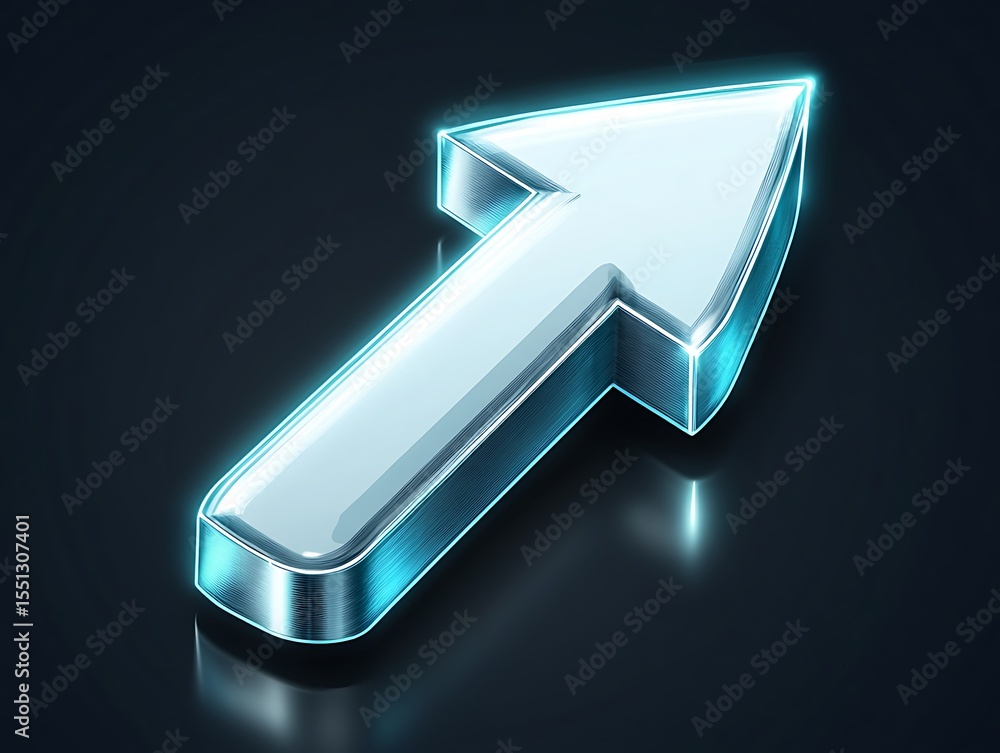 Poster a luminous upward arrow with a chrome border on a dark reflective surface pointing diagonally up