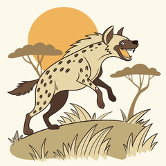 Cartoon hyena in savannah landscape illustration, wildlife exploration depicted