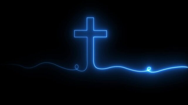 Bright glow flickering neon cross icon. Christianity symbol. Motion graphic video animation.  Christian Cross Symbol  Animation of an ultra hd christian cross with blue flames. 