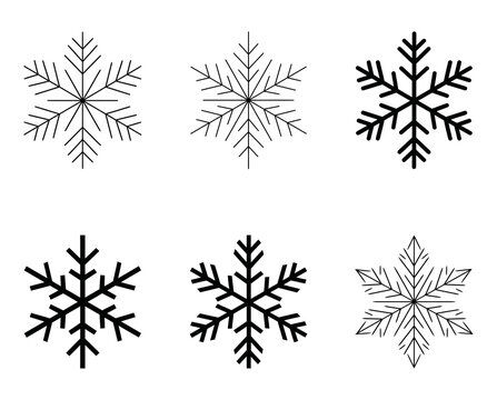 Six unique snowflake icons in black and white, winter design elements.