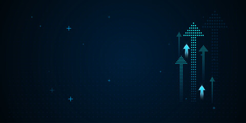 The multiple upward-pointing arrows composed of glowing blue dots, symbolizing growth and progress.vector illustration