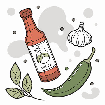 Aesthetic representation of savory ingredients: sauce, chili, garlic, and botanical accents