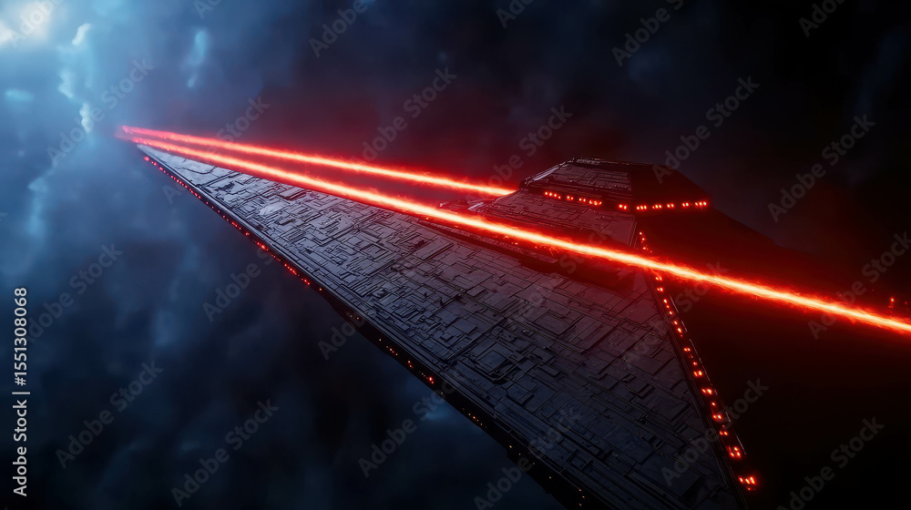 Poster futuristic spacecraft with glowing red lasers in dark outer space, surrounded by ominous clouds and 