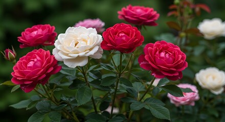 A vibrant display of red and white roses in full bloom