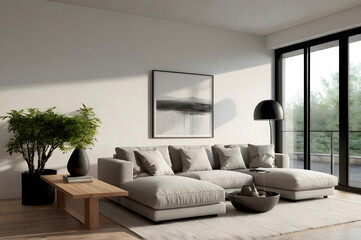 Fototapeta premium Bright Minimalist Living Room with Large Sofa and Window Light
