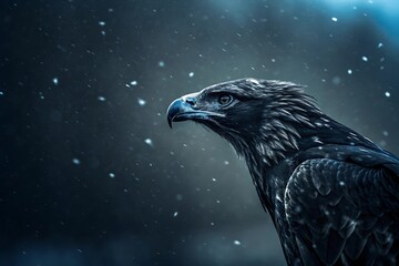 snowstorm,raven's head, its glossy black feathers,misty background