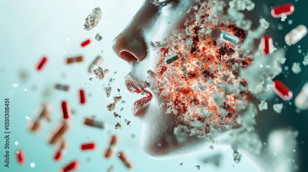 Poster An abstract representation of a human face disintegrating into particles, symbolizing the conflict between humanity and chaos with striking colors and surreal elements.