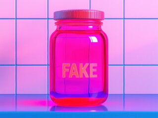 A vibrant pink jar labeled 'FAKE' sitting on a colorful tiled surface.