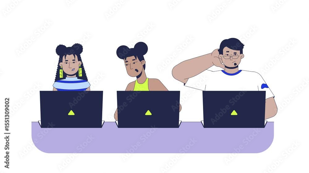 Poster writing code practice cartoon animation. coding bootcamp. it school course. hackathon. diverse stude