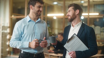 Caucasian men businessmen business partners friendly conversation dialogue talking in office coffee...