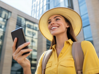 Smiling tourist using smartphone and exploring city center