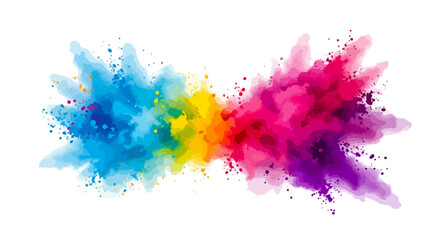 Curved V Shaped Watercolor Splash with Blue and Pink Ends Connected by Yellow and Orange Burst on White Background