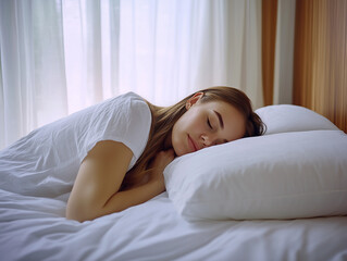Young woman sleeping peacefully in bed on a sunny morning