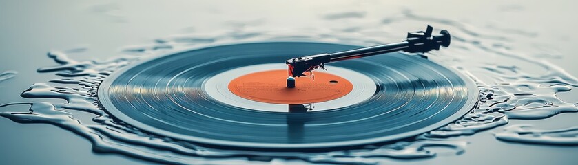 A vintage vinyl record spins atop a reflective surface, creating a captivating scene.