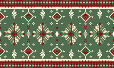 Nordic Folk Rug Border Pattern – Seamless Christmas Textile Design in Red and Green. Ideal for Christmas-themed fabric designs, wrapping papers, digital backgrounds, borders for greeting cards.