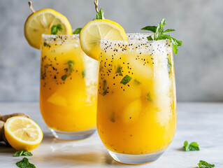 Refreshing mango lemonade with chia seeds and mint