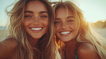 Fototapeta premium Two young women smile brightly at the camera, basking in the warm glow of sunset on the beach, perfectly capturing the essence of friendship, joy, and carefree moments in life.