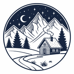 Peaceful Night Cabin Retreat Vector Illustration with Mountain Backdrop