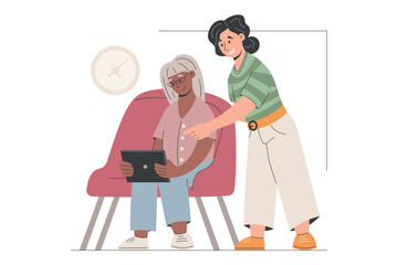 Elderly flat woman with digital tablet and smiling young helper. Vector isolated cartoon illustration about intergenerational learning, support, digital literacy. Perfect for education and care.