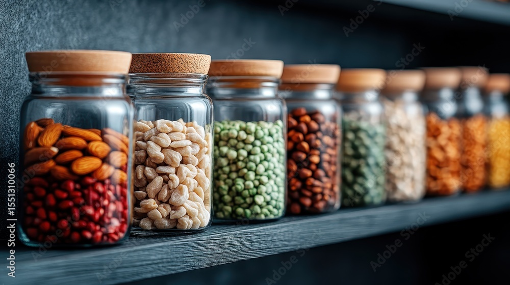 Poster an array of transparent jars filled with vibrant assorted nuts and seeds is neatly arranged on a she