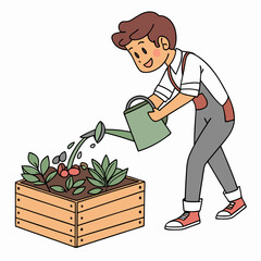 Animated gardener attentively irrigating a wooden planter with vibrant seedlings