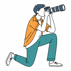 Focused photographer capturing a moment with telephoto lens in minimalist style
