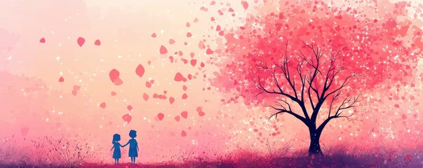 A whimsical illustration of love under a blooming tree with pastel colors.