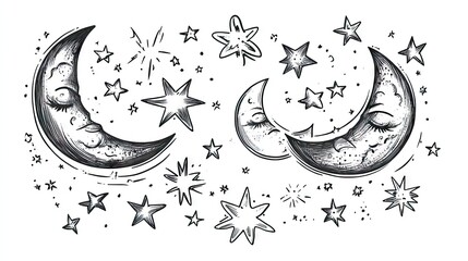 Hyper realistic 3d render Crescent Moons and Stars: Celestial Art Print Design AI Generative