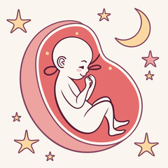 Dreamy slumber of an unborn child amidst celestial bodies in a secure space